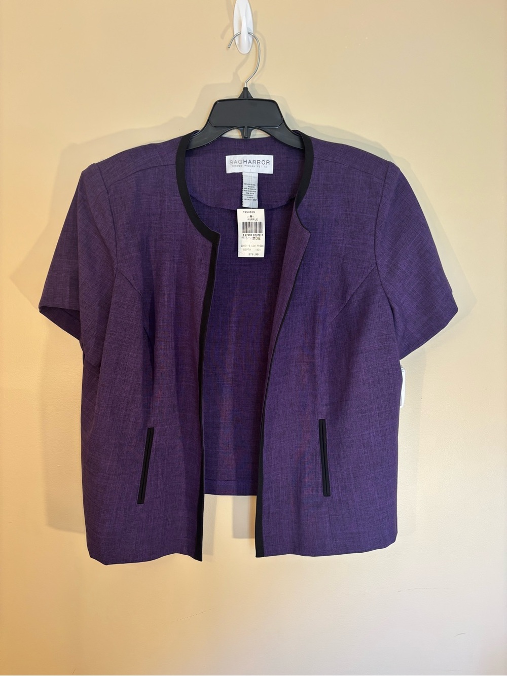 Sag Harbor Purple Short-Sleeve Open Front Blazer with Black Trim